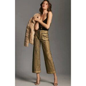 Anthropologie Maeve The Colette Gold Foiled Denim Cropped Wide Leg Jeans Pants